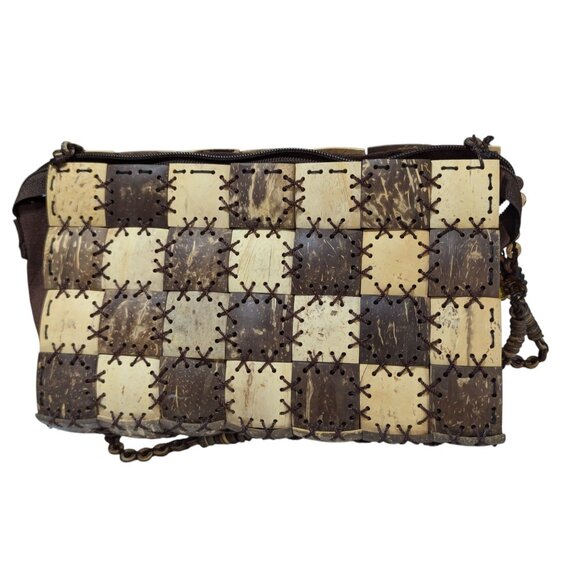 Coconut Shell Checkerboard Purse With Beaded Shoulder Strap & Zip Closure - Picture 4 of 8